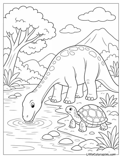 A Dinosaur Drinking Peacefully Beside a Smaller Unrelated Species Coloring Page