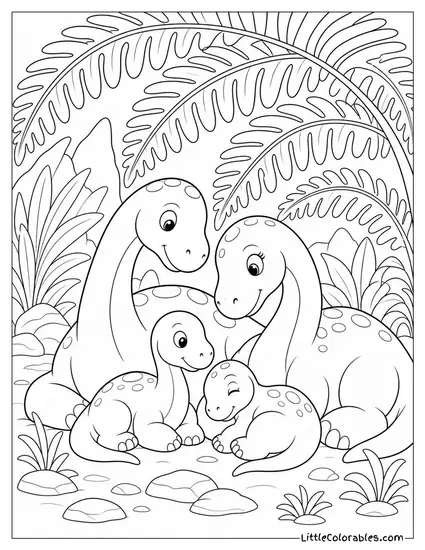A Dinosaur Family Resting Together Beneath a Giant Fern Canopy Coloring Page