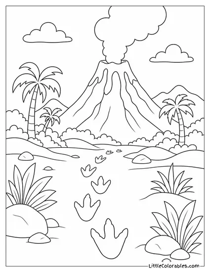 A Dinosaur Footprint Trail Leading Toward a Volcanic Mountain Coloring Page