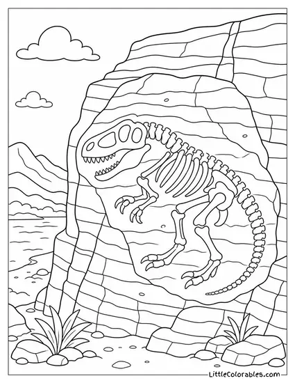 A Dinosaur Fossil Embedded in Layered Rock at a Cliffside Coloring Page