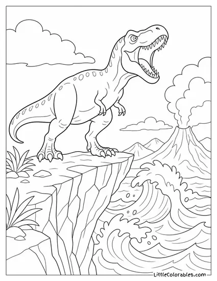 A Dinosaur Roaring on a Clifftop Above Crashing Prehistoric Waves Coloring Page