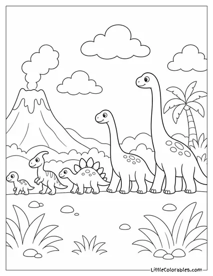 A Dinosaur Silhouette Parade Lined Up by Size Smallest to Largest Coloring Page