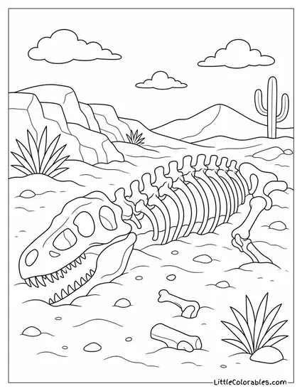 A Dinosaur Skeleton Half-Buried in a Desert Dig Site Coloring Page