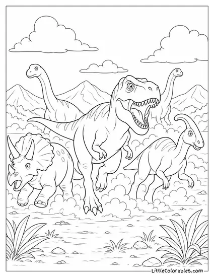 A Dinosaur Stampede Kicking Up Dust Across an Open Plain Coloring Page