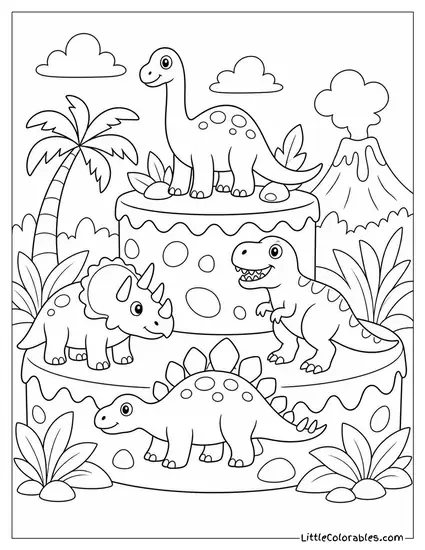 A Dinosaur Themed Birthday Cake with Several Species as Decorations Coloring Page