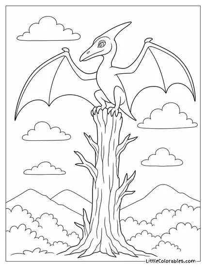 A Dinosaur with Wings Perched Atop a Tall Dead Tree Coloring Page
