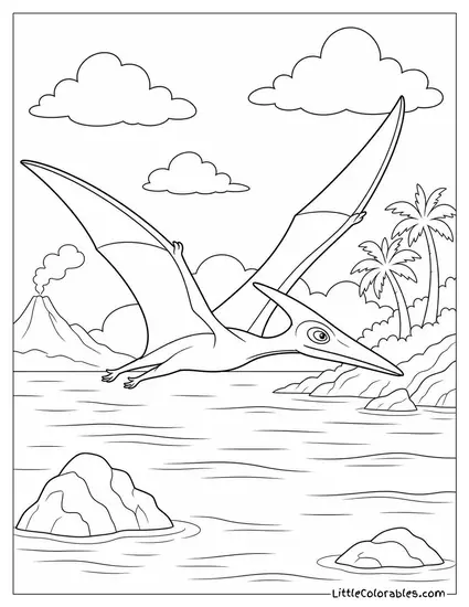 A Flying Dinosaur Gliding Low Over a Calm Prehistoric Sea Coloring Page