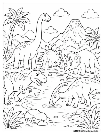 A Group of Mixed Dinosaurs Gathered at a Watering Hole Coloring Page
