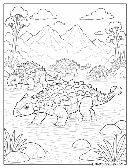 A Herd of Armored Dinosaurs Crossing a Misty River Coloring Page