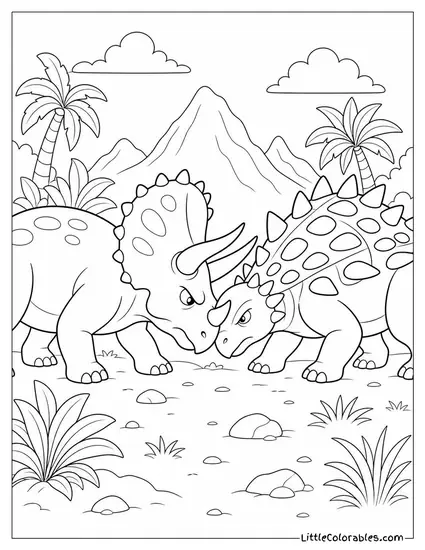 A Horned Dinosaur Locking Heads with a Spiked Dinosaur Coloring Page