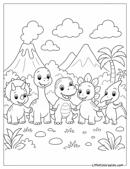 A Kawaii Lineup of Five Different Baby Dinosaurs Holding Hands Coloring Page