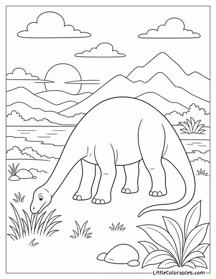 A Long-Necked Dinosaur Silhouette Grazing at Twilight Coloring Page