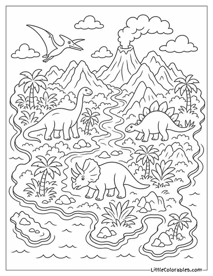 A Map of a Lost Dinosaur World with Mountains and Jungles Coloring Page