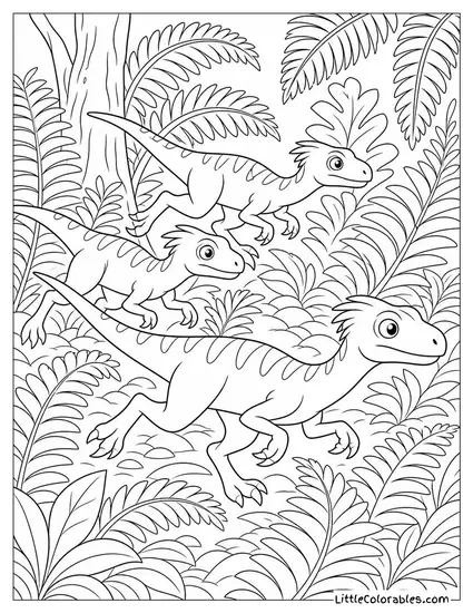 A Pack of Small Dinosaurs Darting Through Tall Ferns Coloring Page