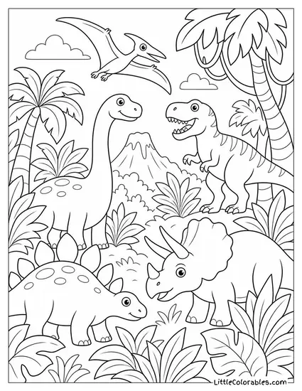 A Prehistoric Jungle Scene with Several Different Dinosaurs Hidden Among Leaves Coloring Page
