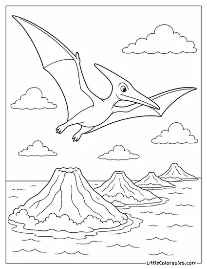 A Pterodactyl Soaring Above a Chain of Volcanic Islands Coloring Page