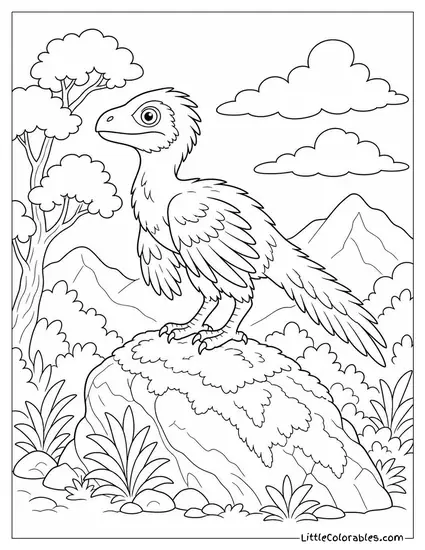 A Small Feathered Dinosaur Perched on a Moss-Covered Rock Coloring Page