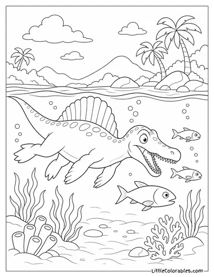 A Swimming Dinosaur Chasing Fish Through a Shallow Lagoon Coloring Page