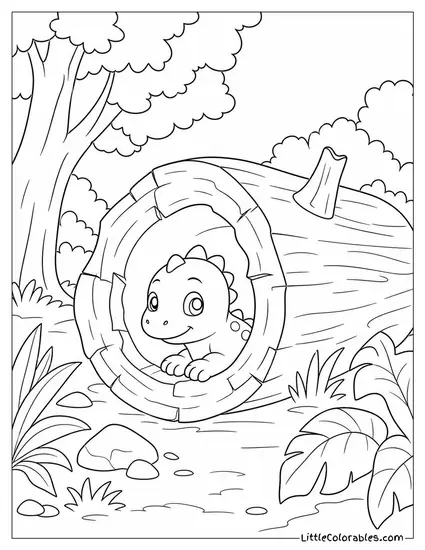 A Tiny Dinosaur Hiding Inside a Giant Hollow Log Coloring Page