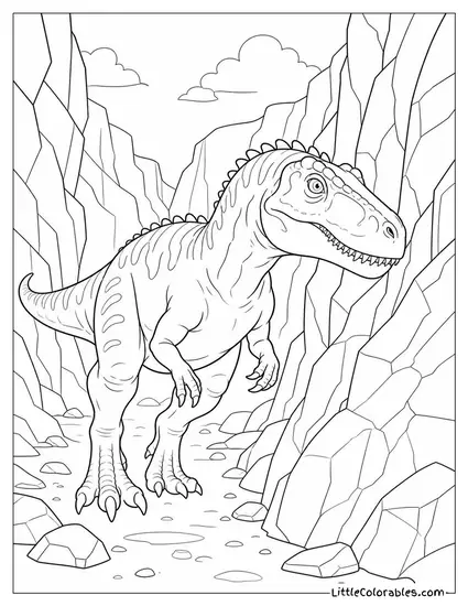 Allosaurus Brushing Past Jagged Rocks in a Narrow Canyon Coloring Page