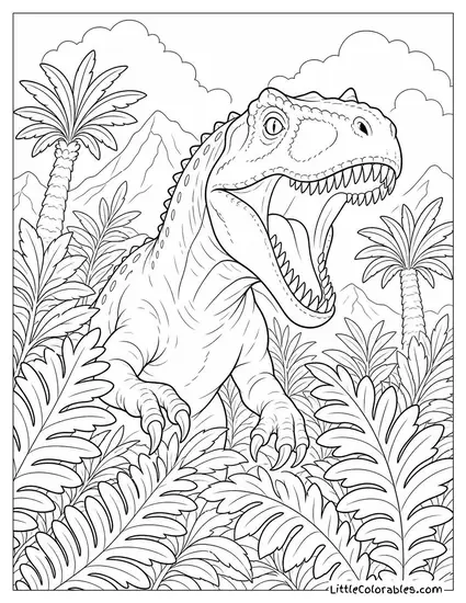 Allosaurus Bursting Out from Behind Dense Prehistoric Ferns Coloring Page