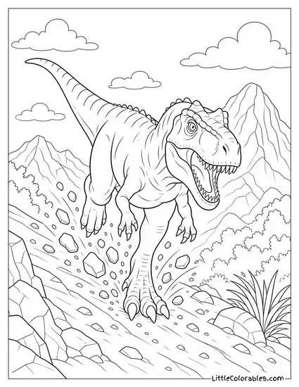 Allosaurus Charging Downhill Kicking Loose Stones in Its Wake Coloring Page