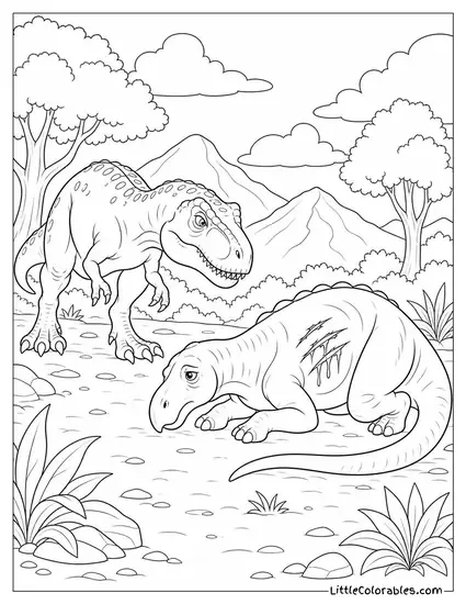 Allosaurus Circling a Wounded Dinosaur at a Cautious Distance Coloring Page
