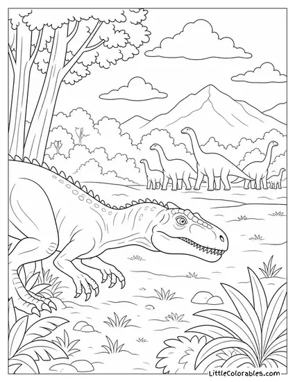 Allosaurus Crouched Low Stalking a Herd from the Tree Line Coloring Page