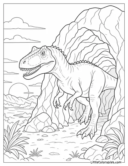 Allosaurus Emerging from a Shallow Cave Entrance at Dusk Coloring Page