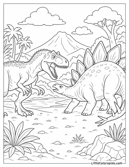 Allosaurus Locked in a Snarling Standoff with a Stegosaurus Coloring Page