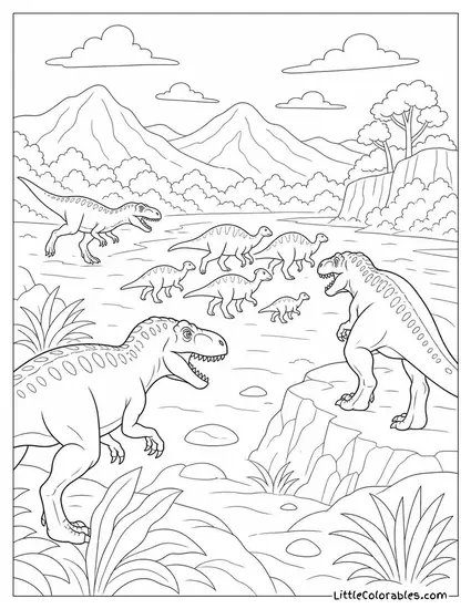 Allosaurus Pack Splitting Up to Flank a Fleeing Herd Coloring Page