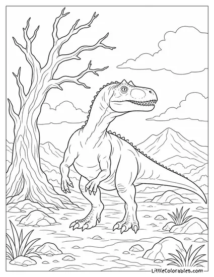 Allosaurus Pausing Beneath a Dead Tree Stripped Bare of Leaves Coloring Page