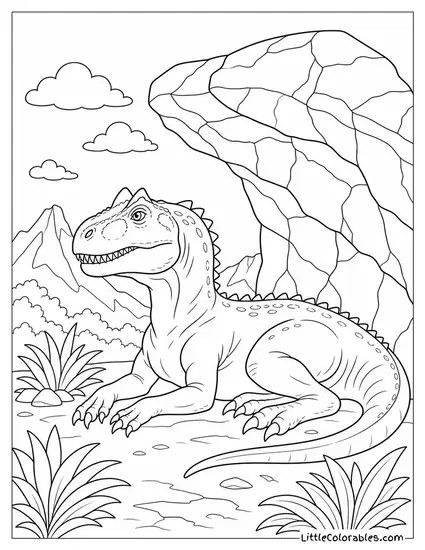 Allosaurus Resting in the Shade of a Cracked Rock Formation Coloring Page