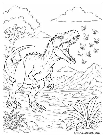 Allosaurus Snapping at a Swarm of Insects Buzzing Nearby Coloring Page