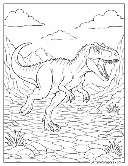 Allosaurus Sprinting Across a Dry Cracked Riverbed Coloring Page