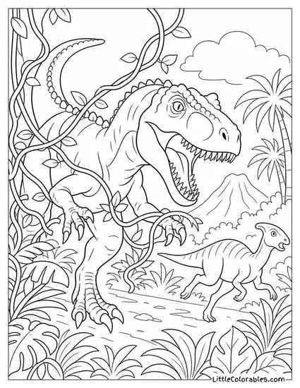 Allosaurus Tearing Through Tangled Vines in Pursuit of Prey Coloring Page