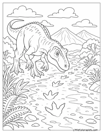Allosaurus Tracking Fresh Footprints Along a Muddy Trail Coloring Page