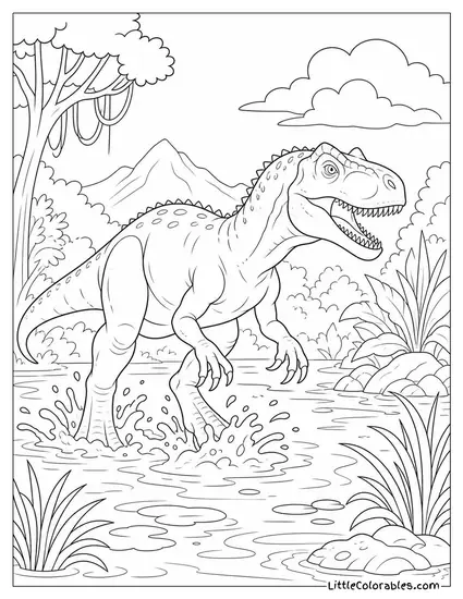 Allosaurus Wading Through a Shallow Swamp Stirring Up Mud Coloring Page