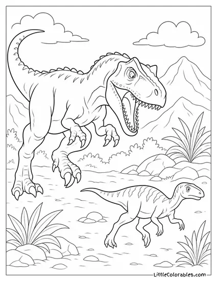 Allosaurus with One Foot Raised Mid Pounce Toward Smaller Prey Coloring Page