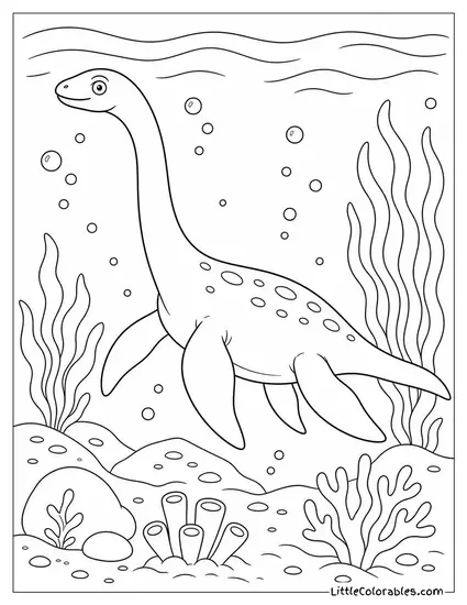 An Underwater Scene with a Long-Necked Marine Reptile Coloring Page