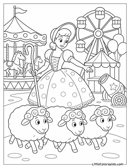 Bo Peep Directing Her Sheep Through a Busy Carnival Toy Story Coloring Page