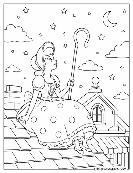 Bo Peep Looking at Stars from an Antique Shop Roof Toy Story Coloring Page