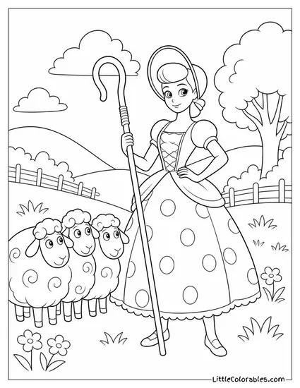 Bo Peep Standing Confidently with Her Staff and Sheep Toy Story Coloring Page