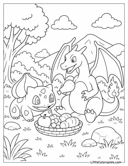 Bulbasaur and Charizard Sharing a Meal in a Peaceful Clearing Coloring Page
