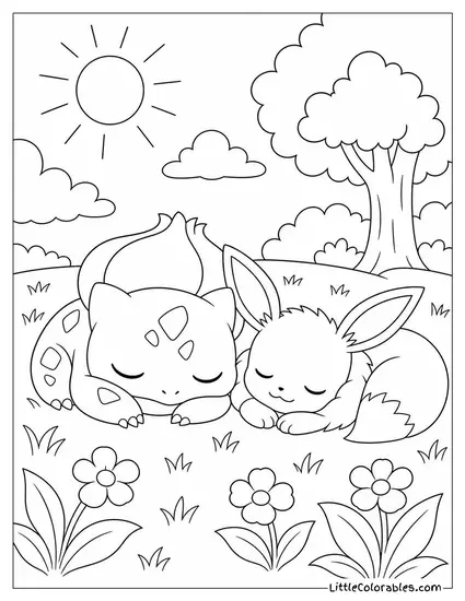 Bulbasaur and Eevee Napping Together in a Sunny Meadow Coloring Page
