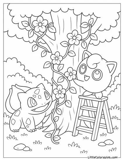 Bulbasaur and Jigglypuff Decorating a Tree with Vines and Flowers Coloring Page
