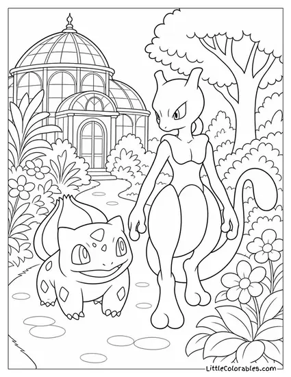 Bulbasaur and Mewtwo in a Botanical Garden Walking Side by Side Coloring Page