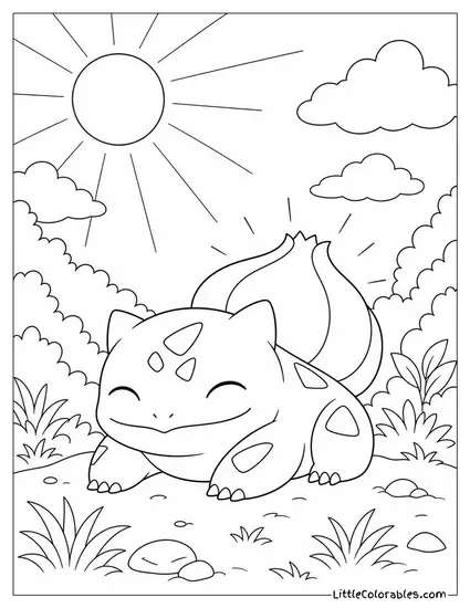 Bulbasaur Basking in Sunlight with Its Bulb Glowing Softly Coloring Page