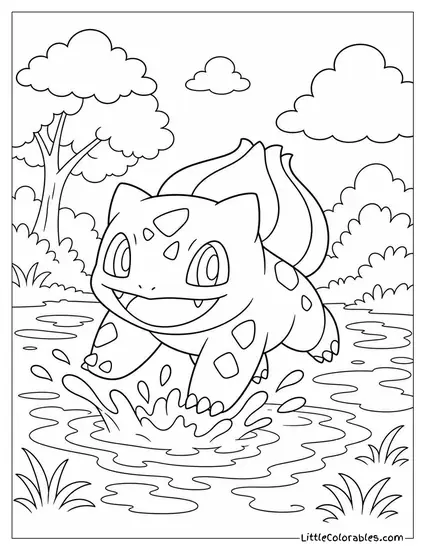 Bulbasaur Bounding Through Puddles After a Spring Rain Coloring Page