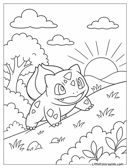Bulbasaur Climbing a Small Grassy Hill at Sunrise Coloring Page